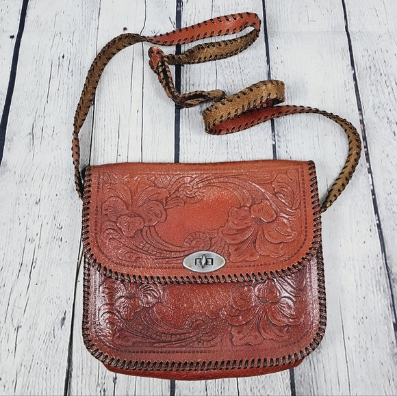 Hand Crafted Handbags - VINTAGE | handmade tooled raw leather stitch detail purse